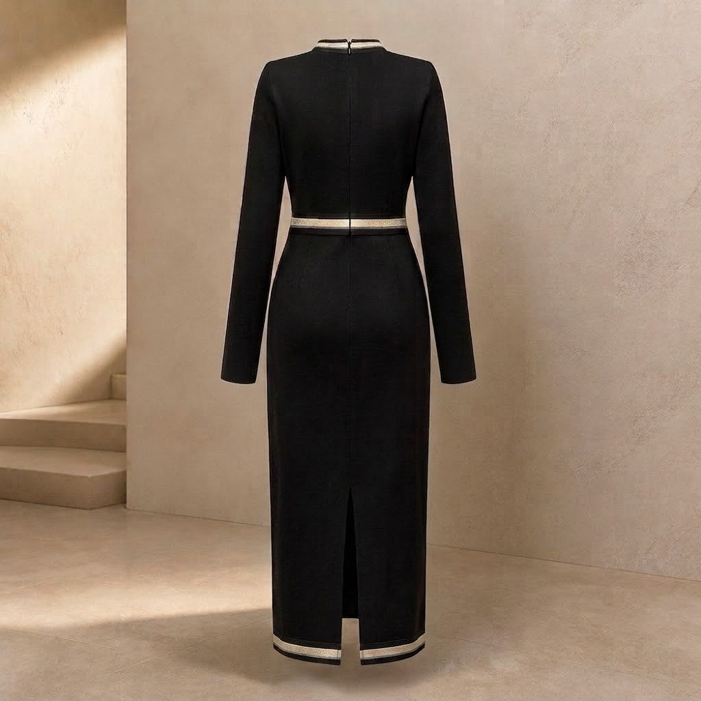 Black Gold-Trim Knit Midi Dress