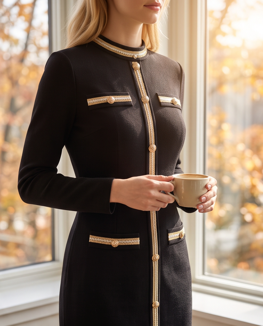 Black Gold-Trim Knit Midi Dress