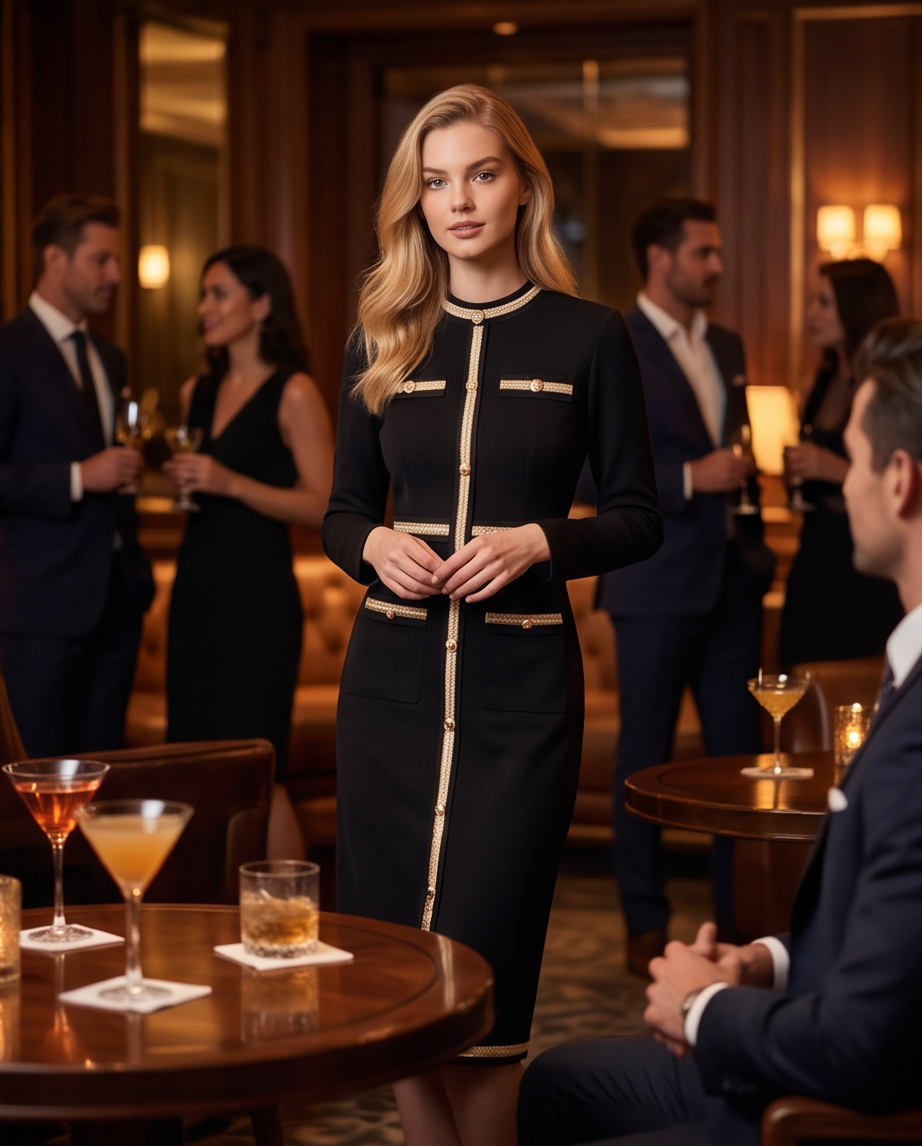 Black Gold-Trim Knit Midi Dress