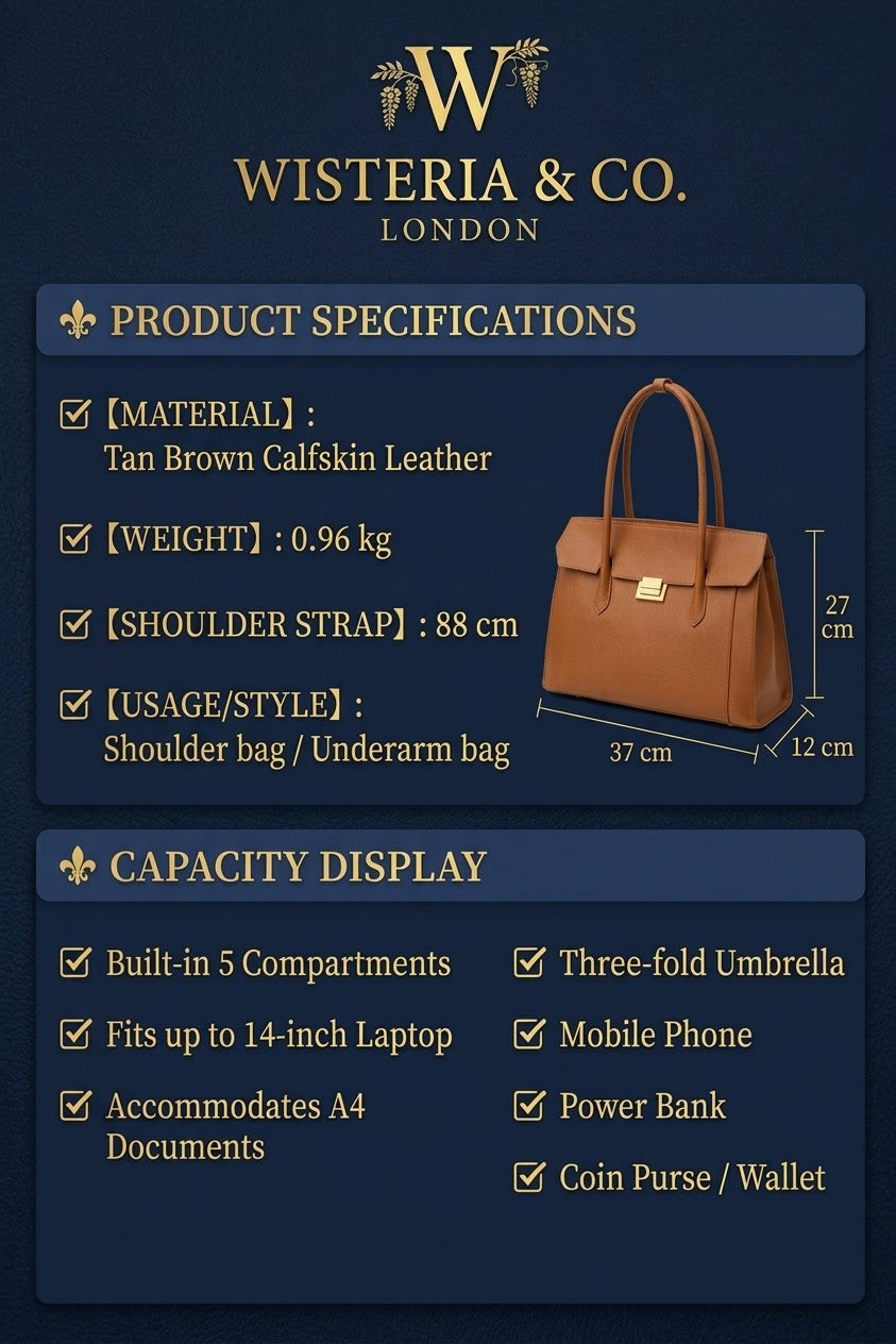 A dark blue product specification and capacity display card for a Wisteria & Co. London tan brown calfskin leather shoulder bag.