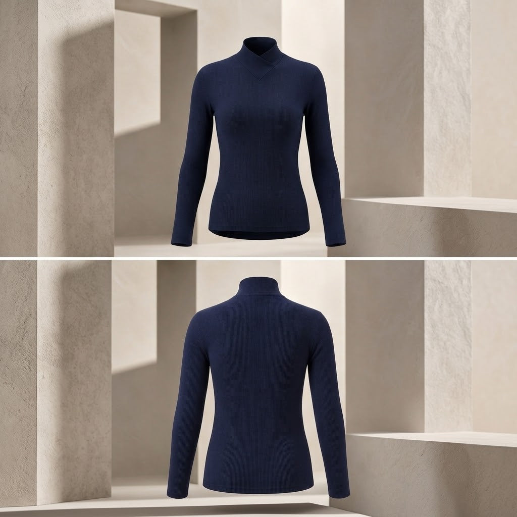 Navy Ribbed Knit Turtleneck Top