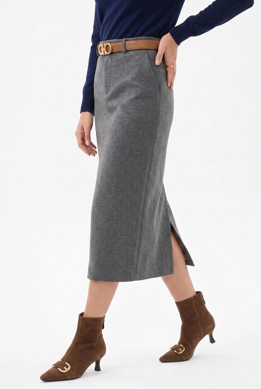 Grey Wool-Blend Midi Skirt