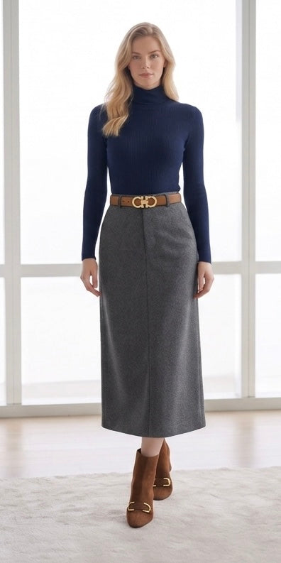 Navy Ribbed Knit Turtleneck Top