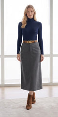 Grey Wool-Blend Midi Skirt