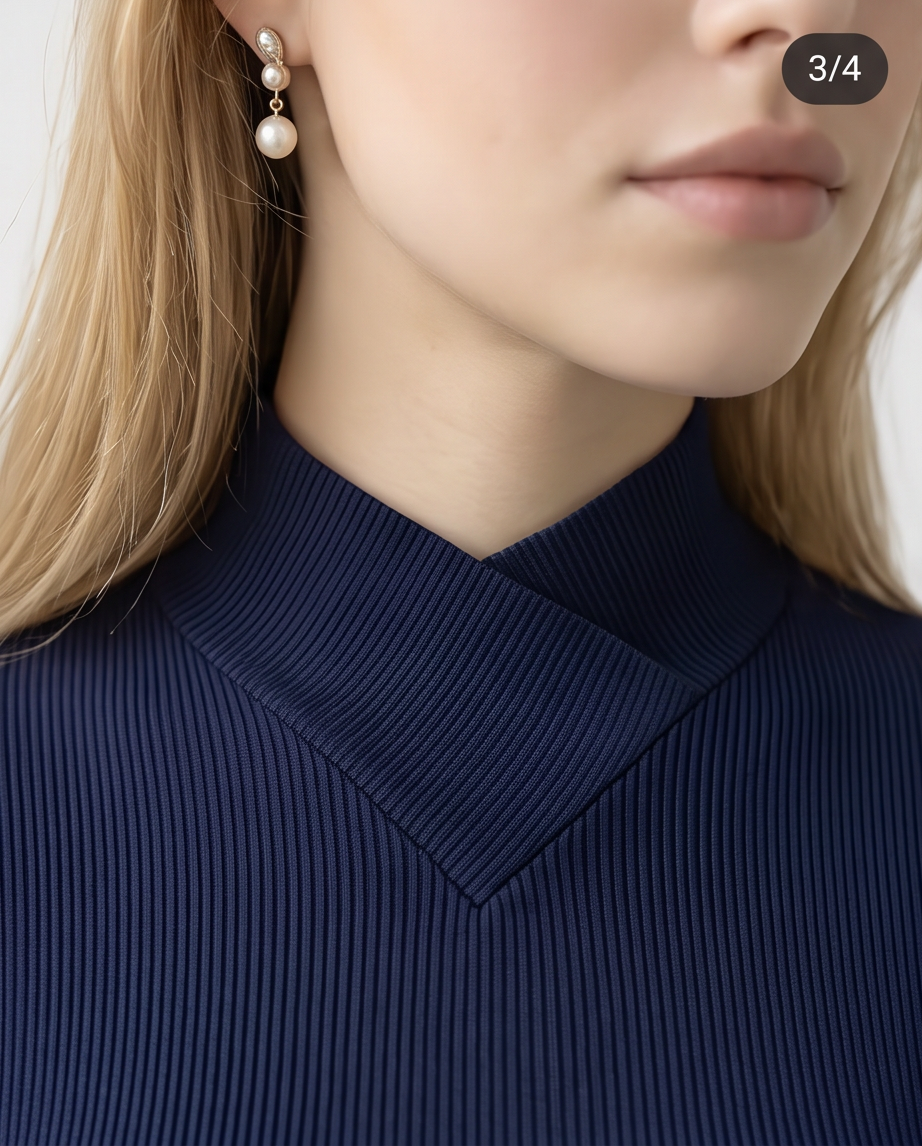 Navy Ribbed Knit Turtleneck Top