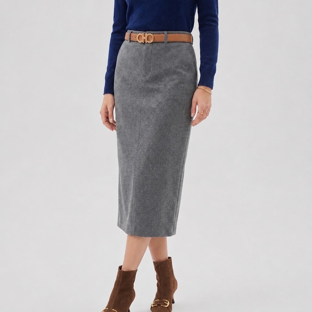 Grey Wool-Blend Midi Skirt