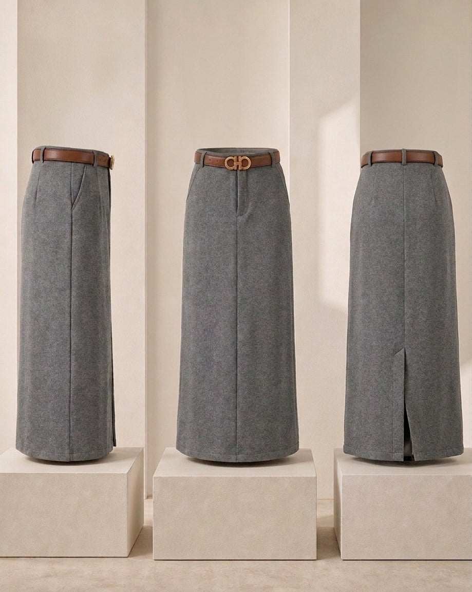 Grey Wool-Blend Midi Skirt