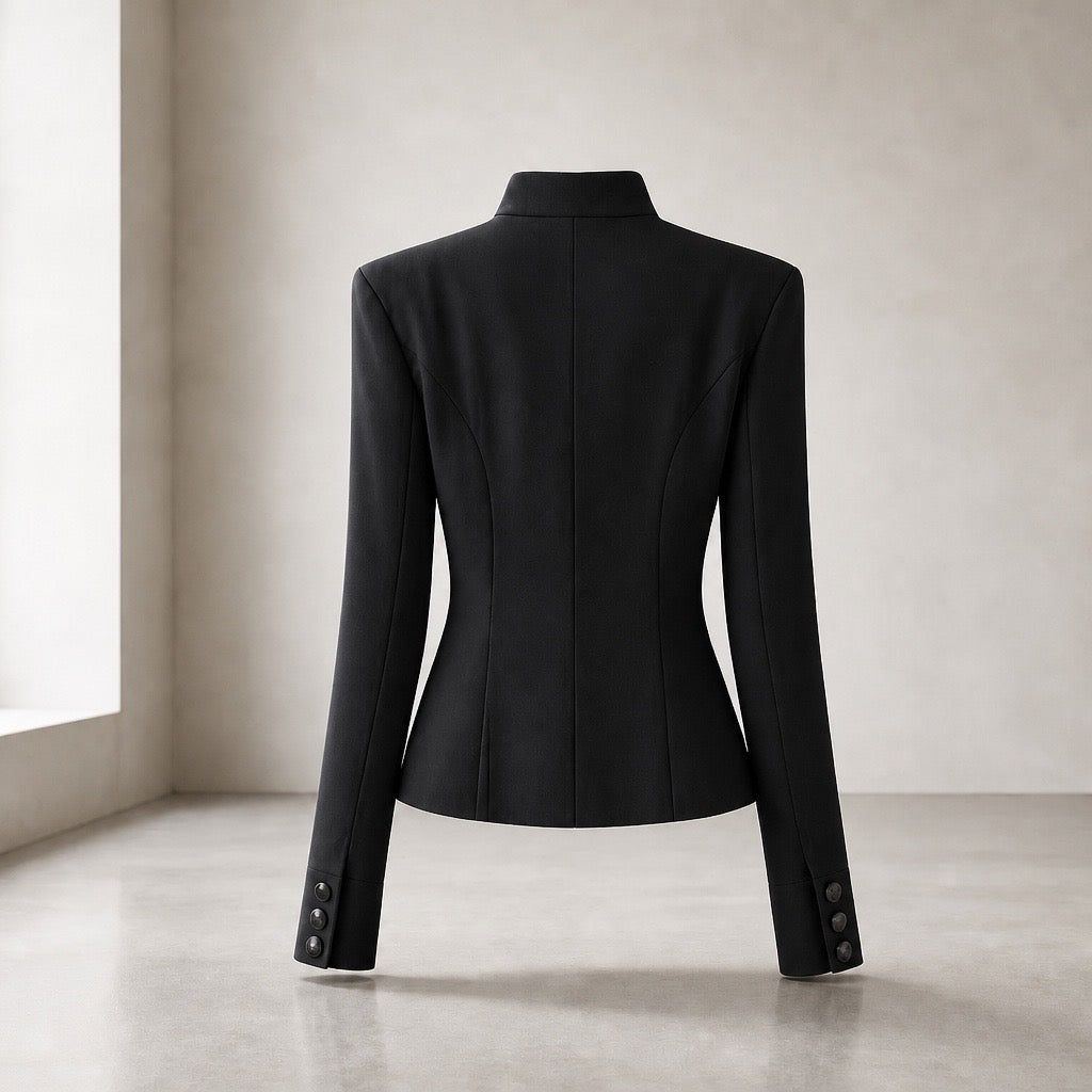 Black Military-Style Fitted Jacket - collar and button detail
