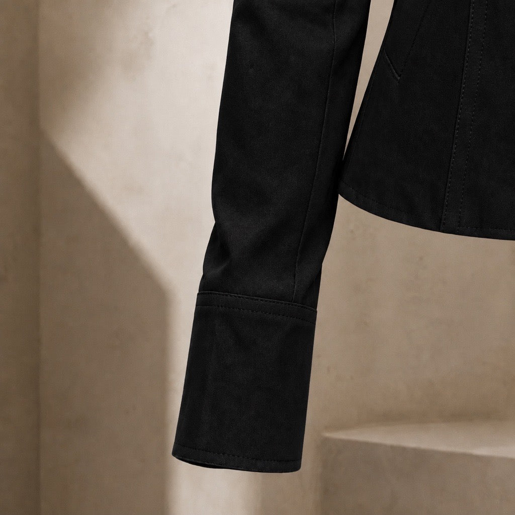 Black Military-Style Fitted Jacket - hem and zip detail