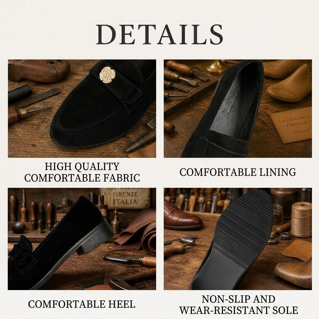 Black Suede Gold Medallion Loafers - detail shots: medallion, lining, heel, sole