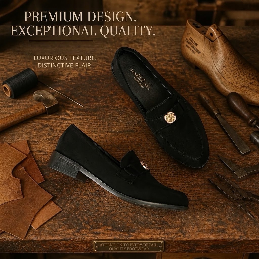 Black Suede Gold Medallion Loafers - hero shot on workshop surface