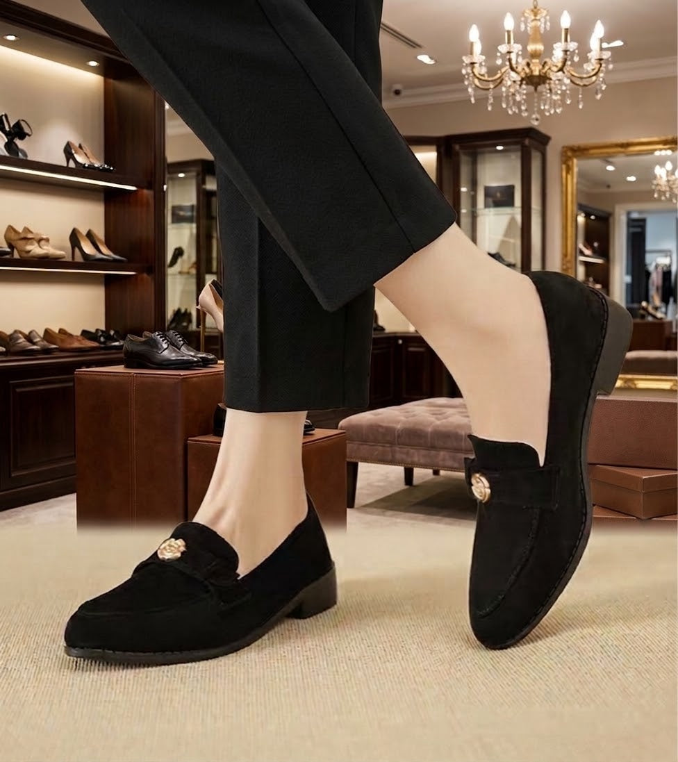 Black Suede Gold Medallion Loafers - lifestyle shot worn with black trousers
