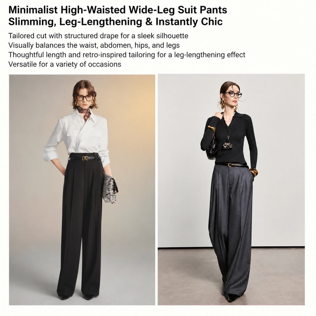 Two models wearing high-waisted wide-leg suit pants in different colorways: one in black with a white shirt and patterned clutch, and another in dark gray with a black long-sleeve top and gold jewelry. The image includes descriptive text at the top detailing the tailored cut and leg-lengthening effect of the pants.