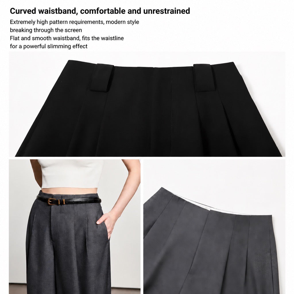 Three-panel product presentation of a pleated skirt. The top panel shows a black skirt against a white background with descriptive text about the curved waistband.