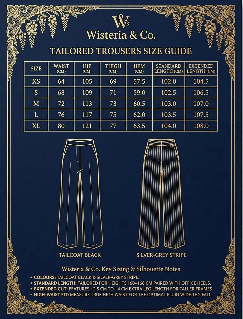 A navy blue size guide poster for Wisteria & Co. Tailored Trousers, featuring a size chart from XS to XL with waist, hip, thigh, hem, standard length, and extended length measurements, alongside silhouette drawings of tailcoat black and silver-grey striped trousers.