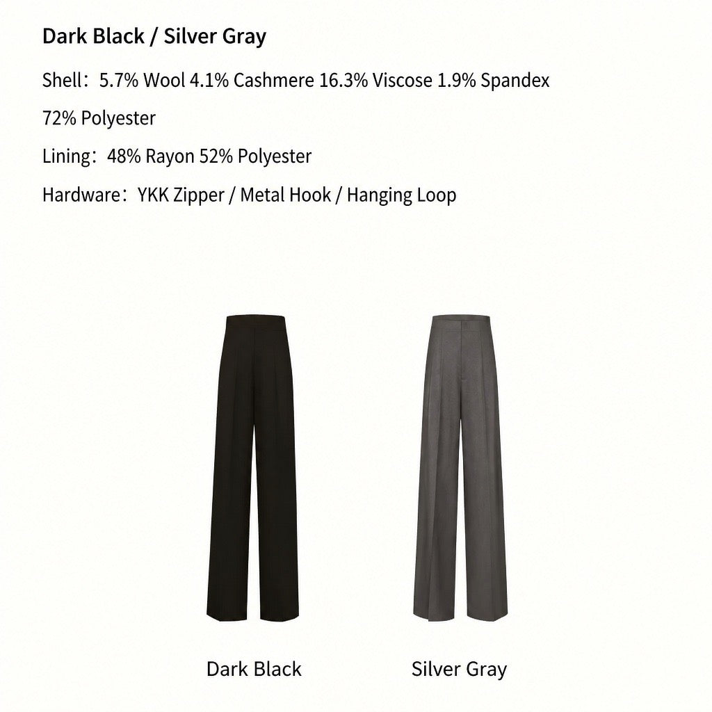 A product color and material information graphic showing two views of wide-leg trousers labeled Dark Black and Silver Gray, with a text list of fabric composition and zipper/hardware details above.