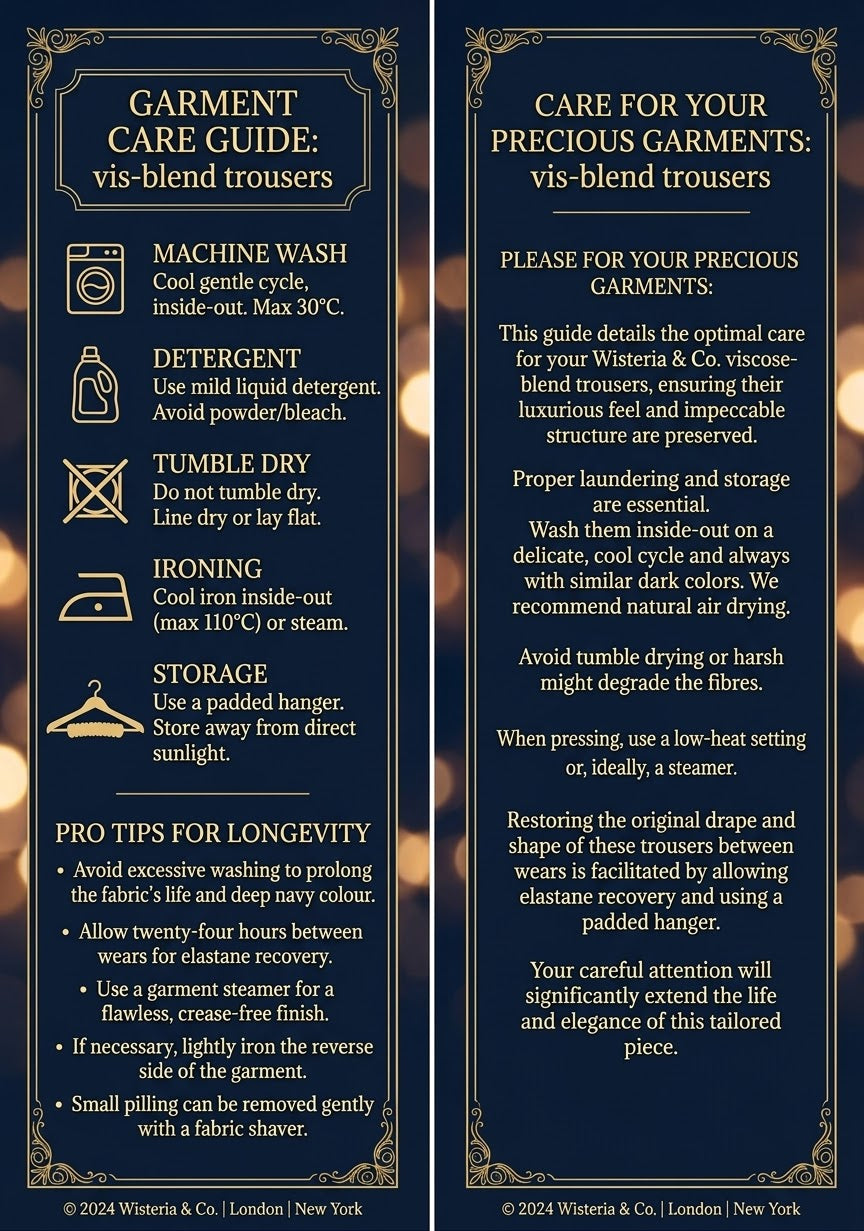 A two-panel care guide poster for vis-blend trousers, featuring dark navy blue panels with gold decorative borders and white text detailing washing, drying, ironing, storage, and care tips.