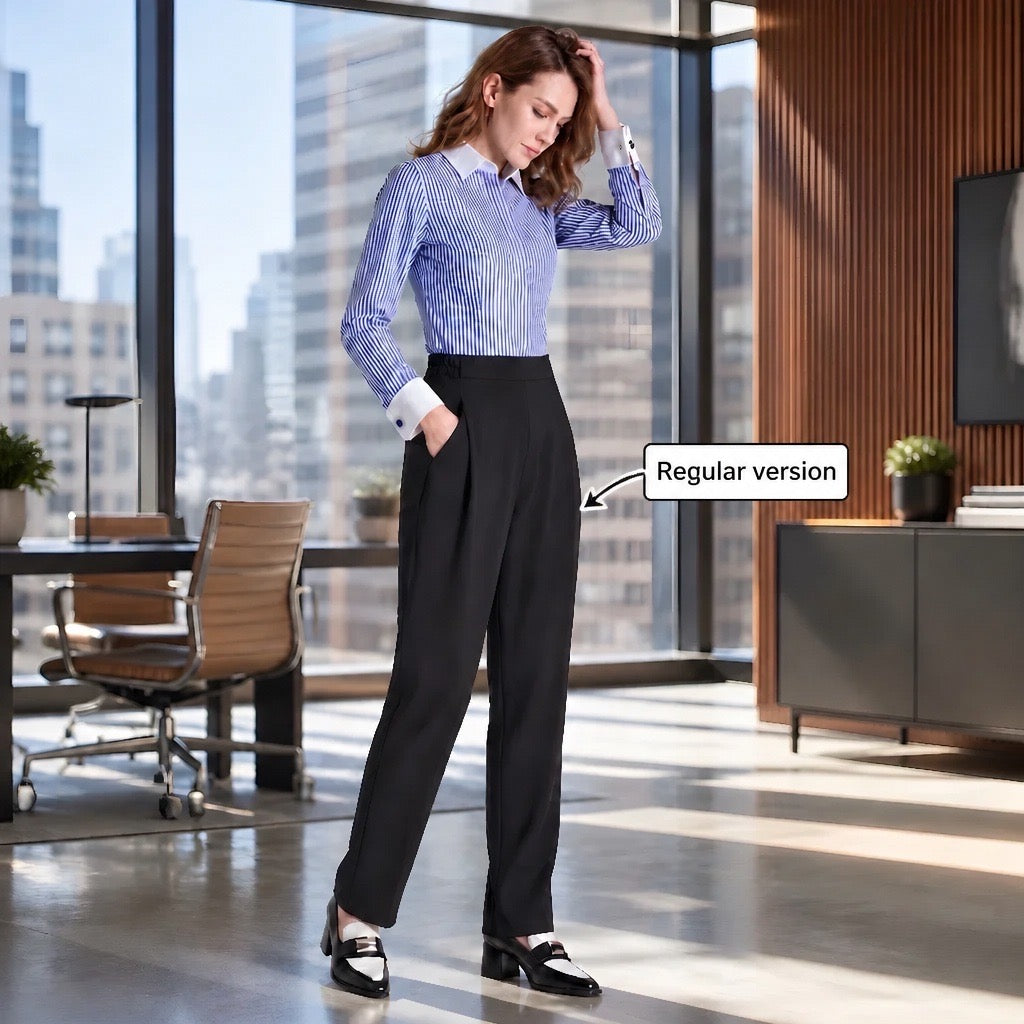 A woman stands in a modern office wearing a blue and white striped button-down shirt and black trousers. A text label reads 'Regular version' with an arrow pointing to the pants.