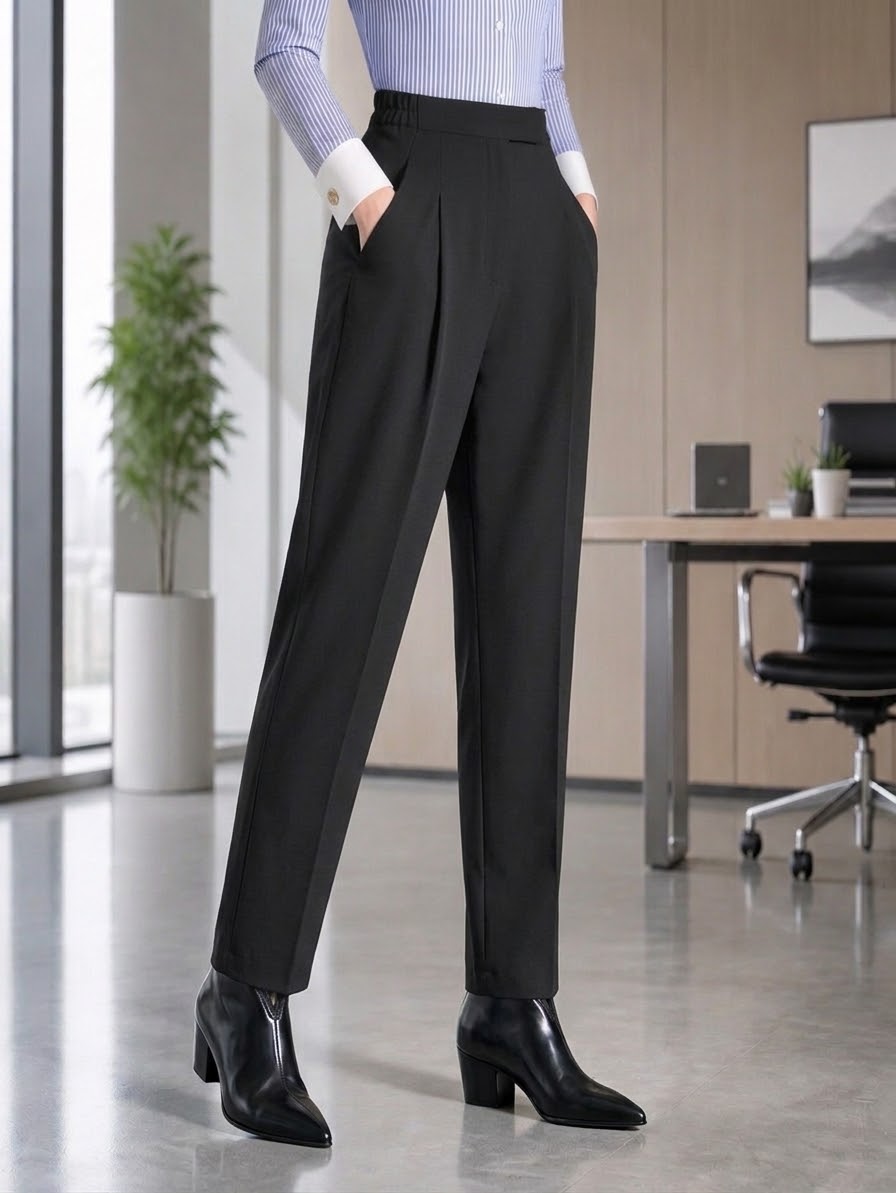 A person wearing black high-waisted, pleated trousers with a light blue and white striped shirt and black ankle boots, standing in a modern office setting.