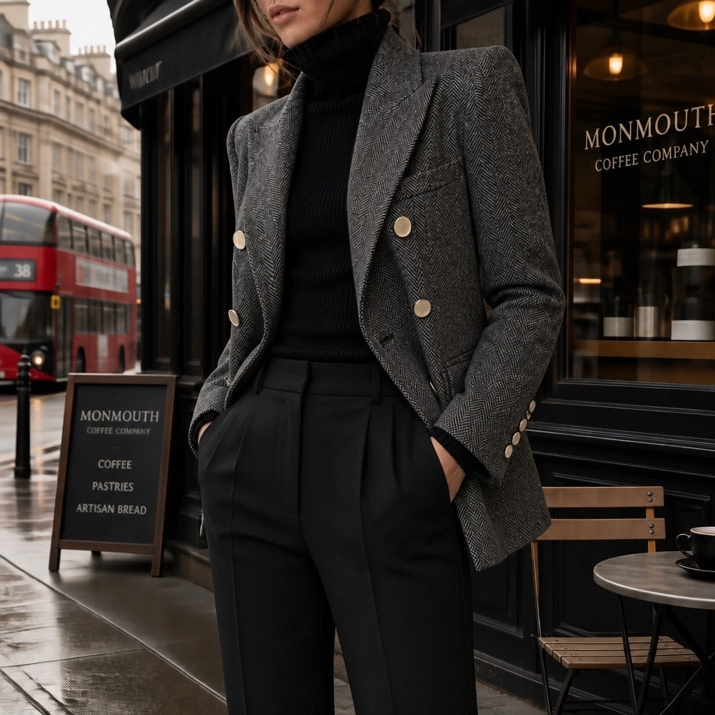 Grey Herringbone Blazer - London street style front view