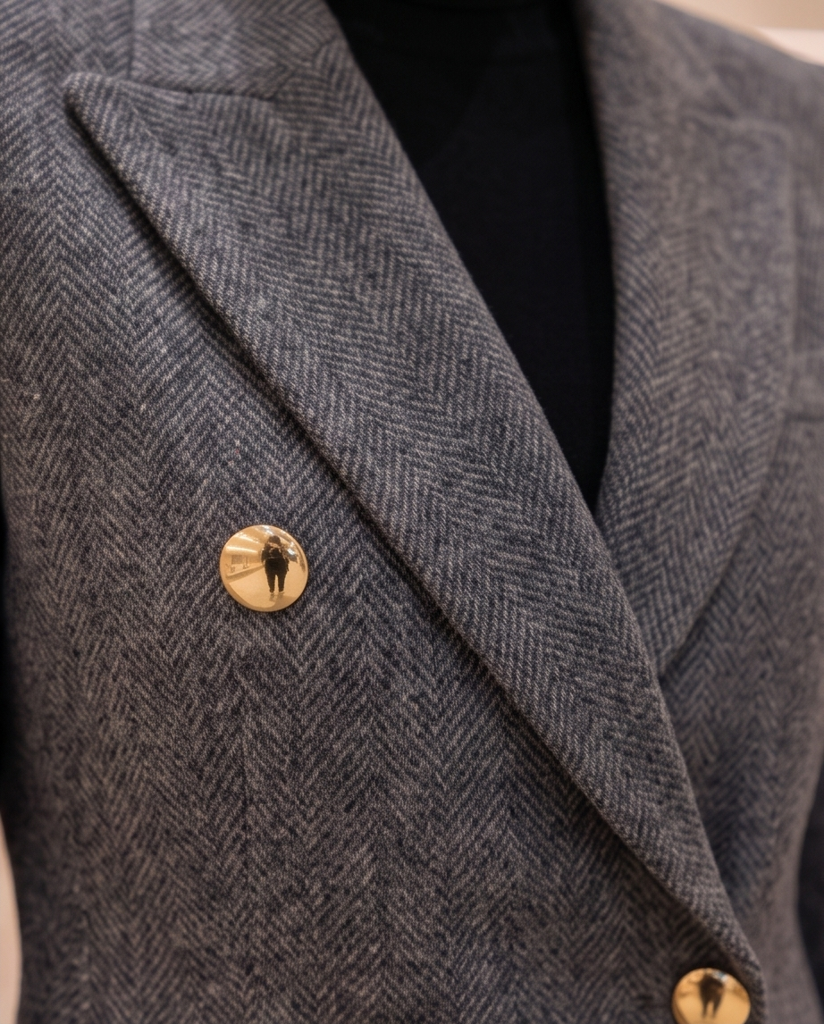 Grey Herringbone Double-Breasted Wool Blend Blazer
