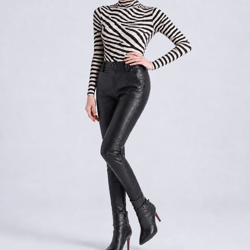 A model wearing a black and white zebra-striped long-sleeve turtleneck top, black faux-leather skinny pants, and black pointed-toe heeled boots with red stiletto heels, posed against a light gray studio background.