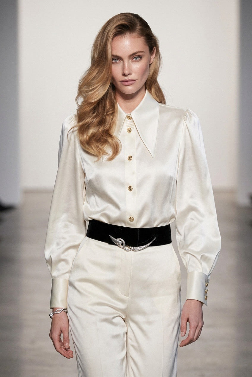 Cream Mulberry Silk Blazer Collar Blouse
