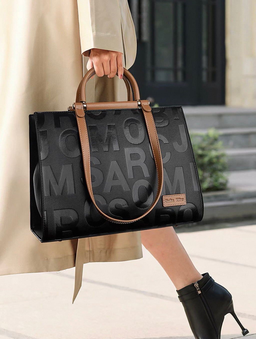 Black Embossed Letter Leather Tote Bag