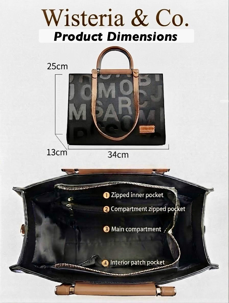 Black Embossed Letter Leather Tote Bag