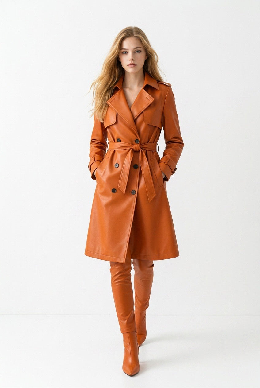 Cognac faux leather trench coat - supplier spec sheet