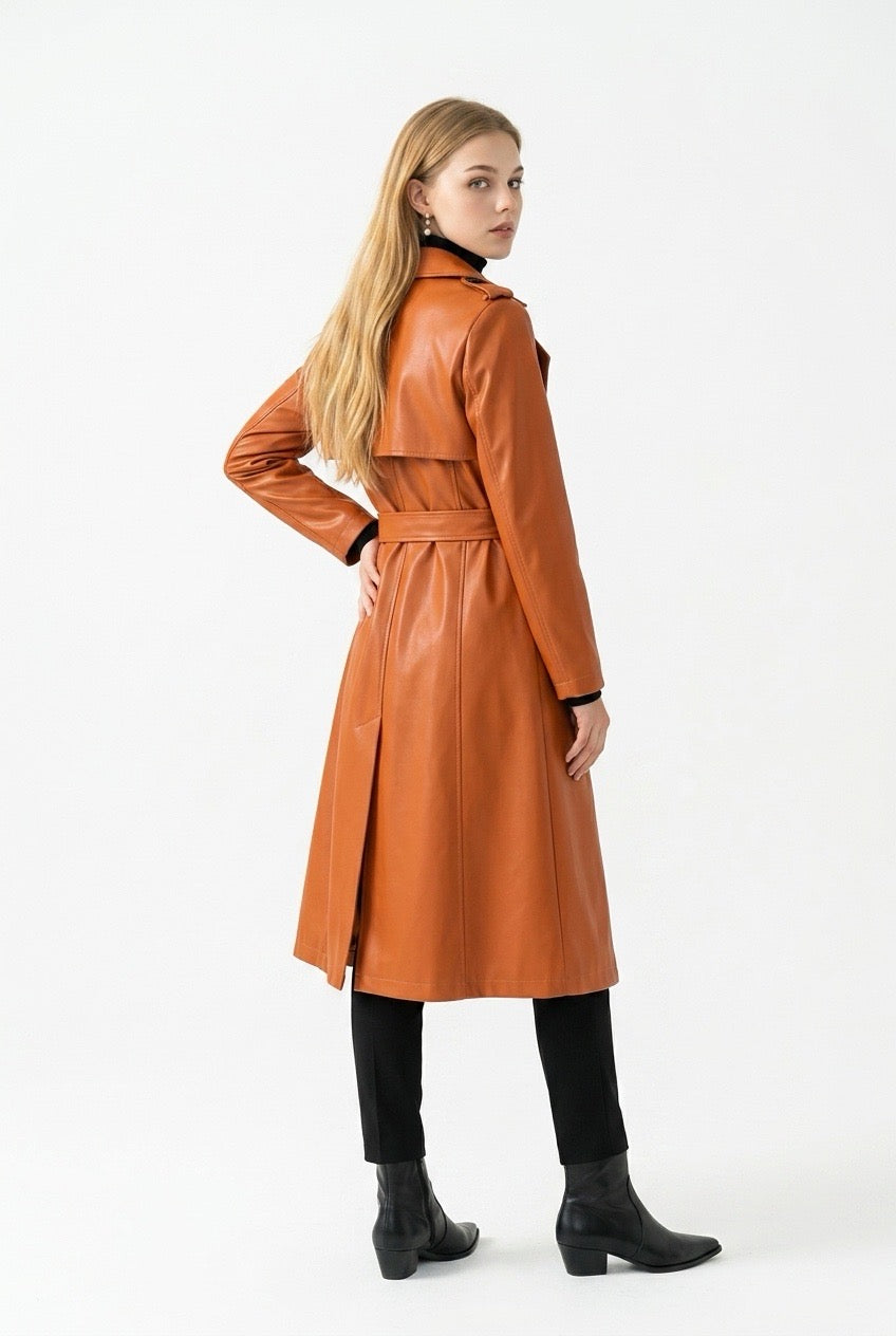 Cognac faux leather trench coat - front view on model