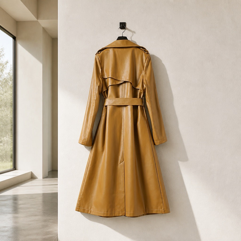 Mid-Length Fur Collar Sheepskin Leather Trench Coat