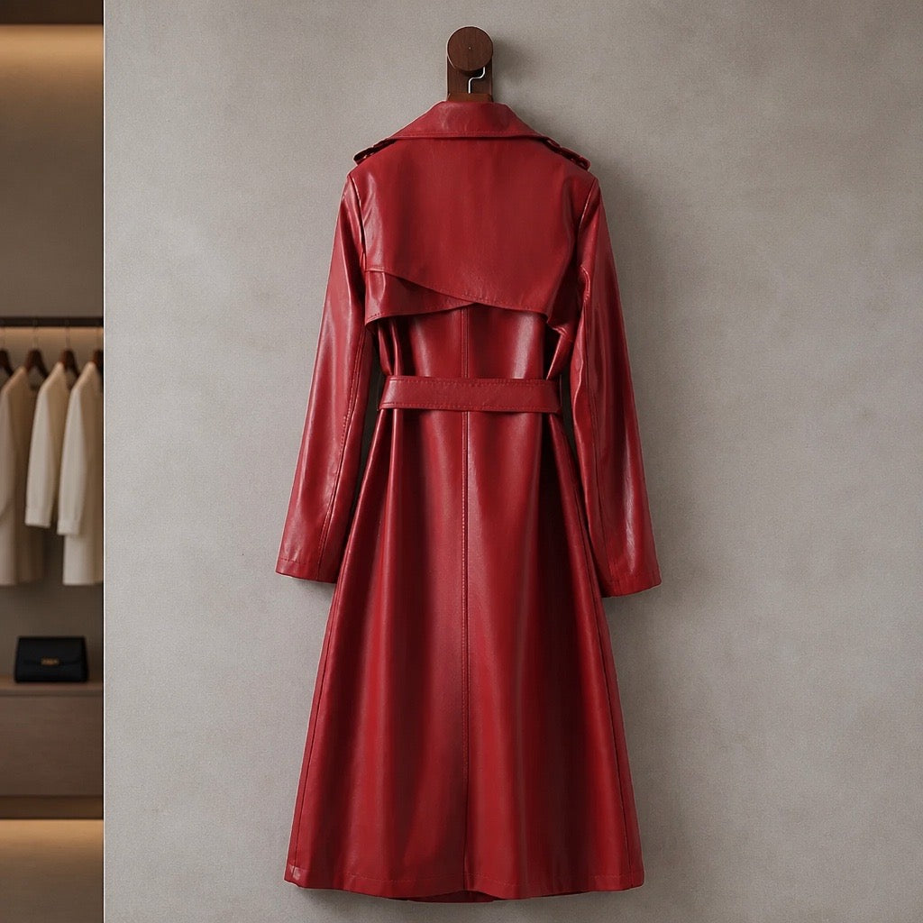 Mid-Length Fur Collar Sheepskin Leather Trench Coat