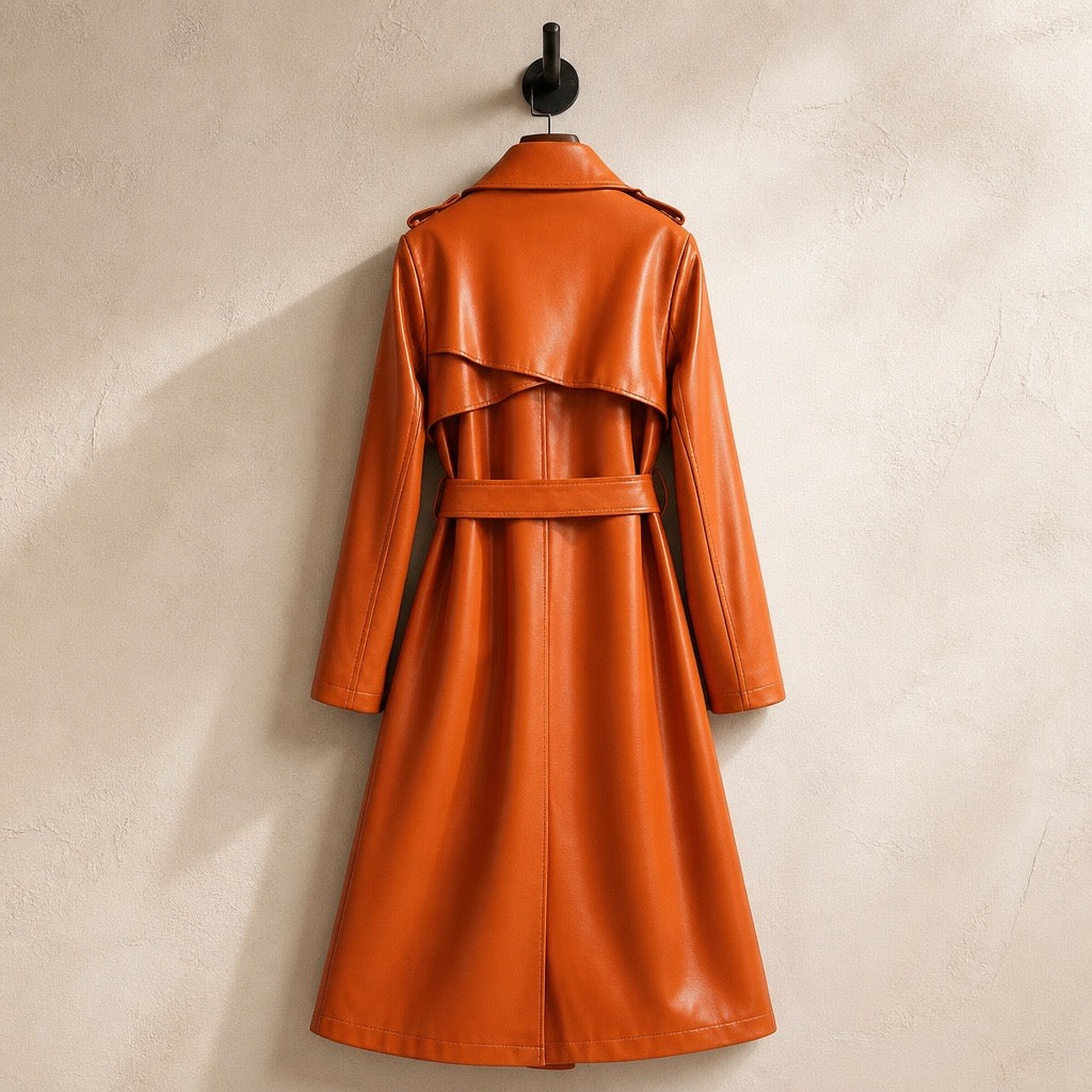 Mid-Length Fur Collar Sheepskin Leather Trench Coat