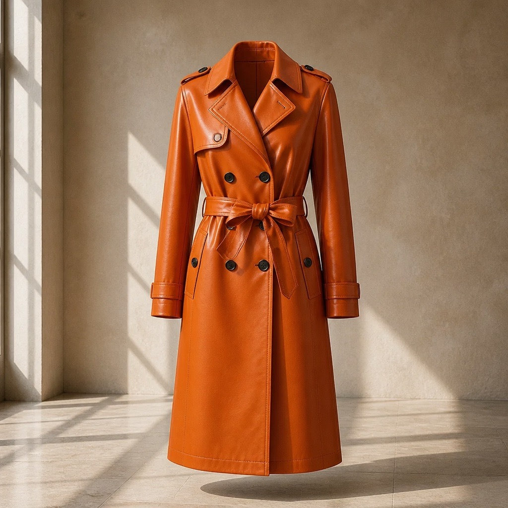 Mid-Length Fur Collar Sheepskin Leather Trench Coat