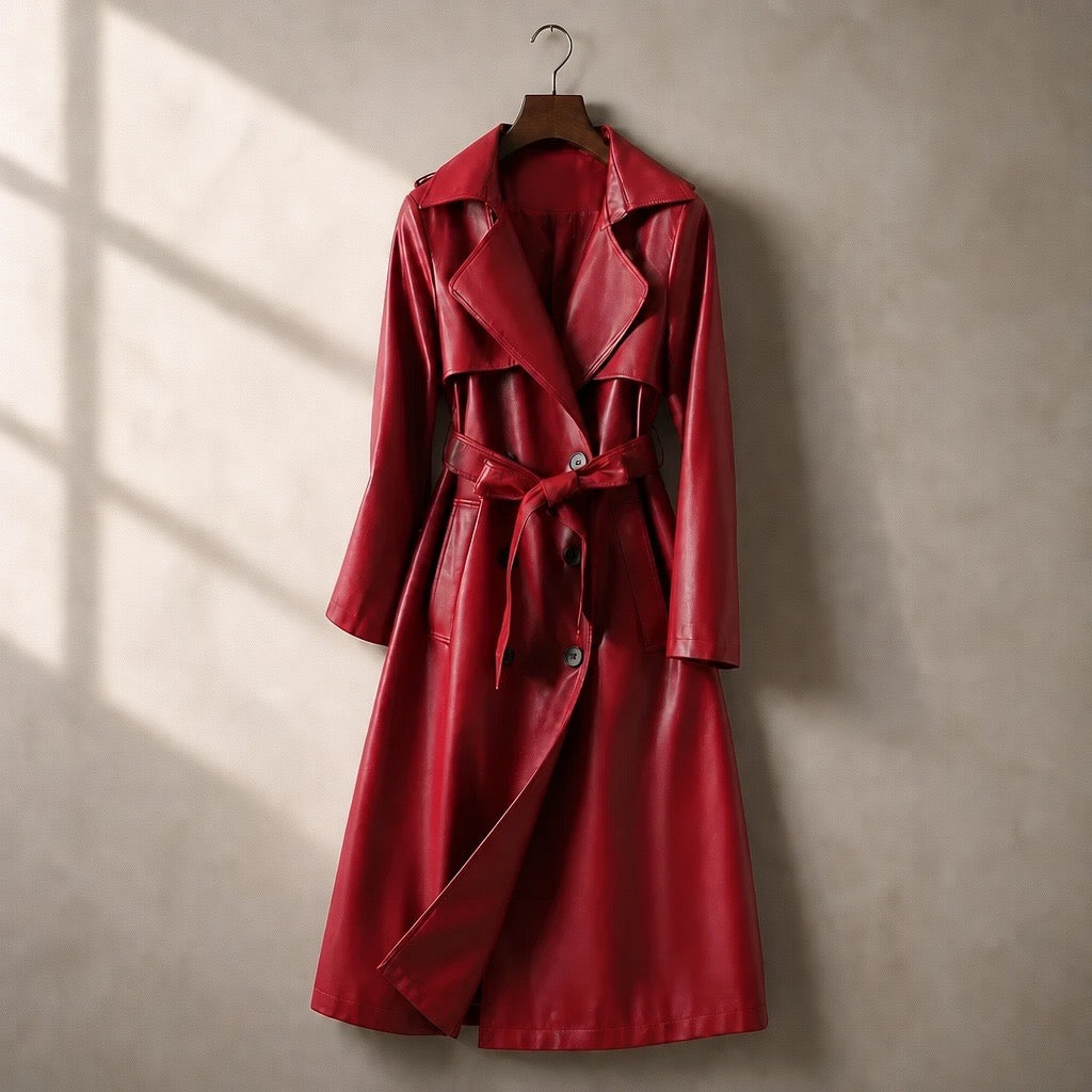 Mid-Length Fur Collar Sheepskin Leather Trench Coat