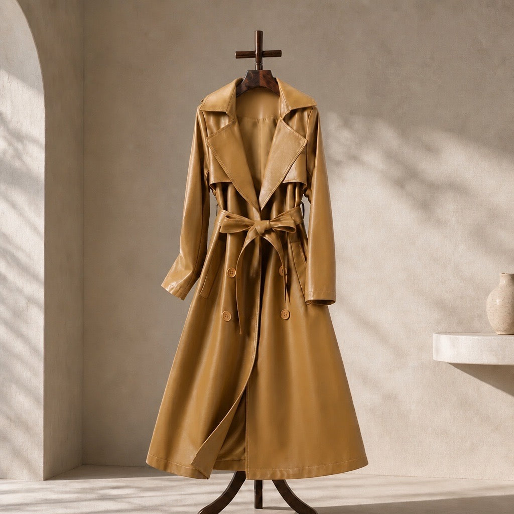Mid-Length Fur Collar Sheepskin Leather Trench Coat