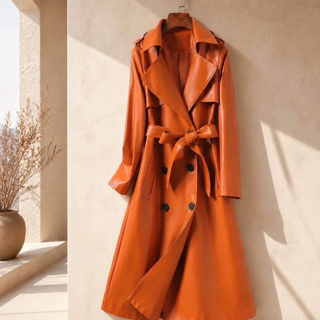 Mid-Length Fur Collar Sheepskin Leather Trench Coat