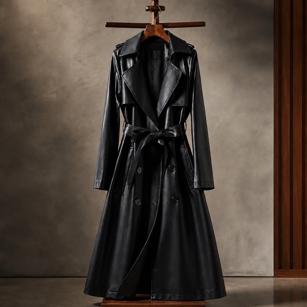 Mid-Length Fur Collar Sheepskin Leather Trench Coat