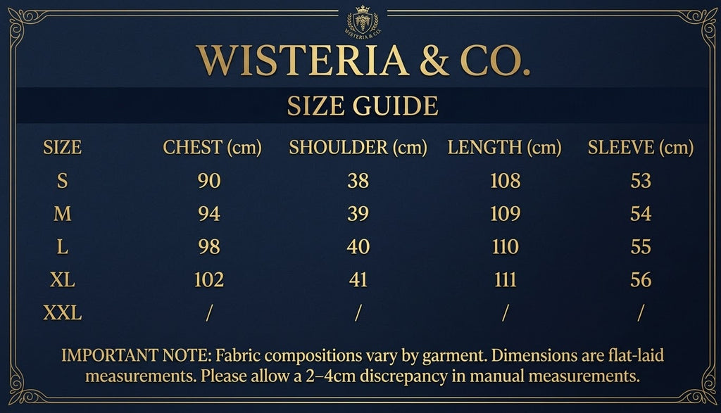 A size guide chart for Wisteria & Co. dress, featuring a size table from S to XXL with chest, shoulder, length, and sleeve measurements in centimeters on a dark blue background with gold text and borders.