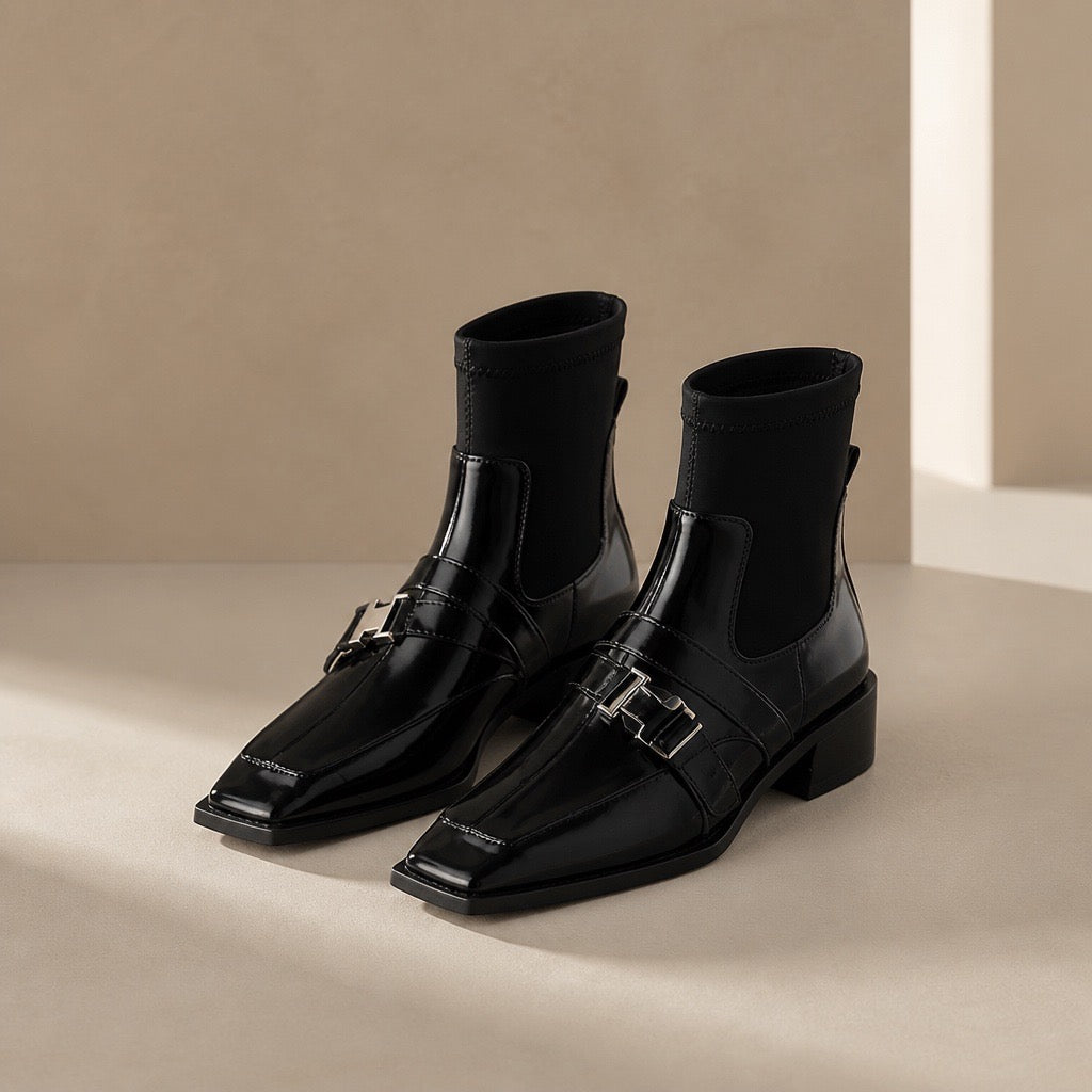 Square Toe Buckle Sock Ankle Boot