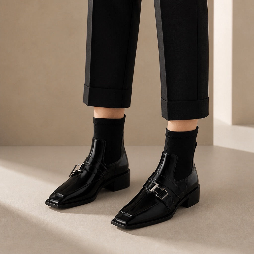 Square Toe Buckle Sock Ankle Boot