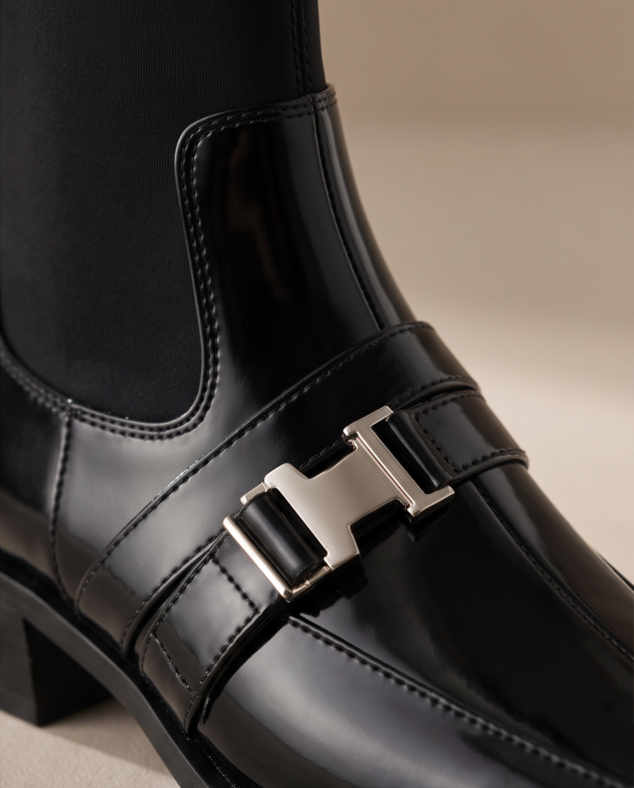 Square Toe Buckle Sock Ankle Boot