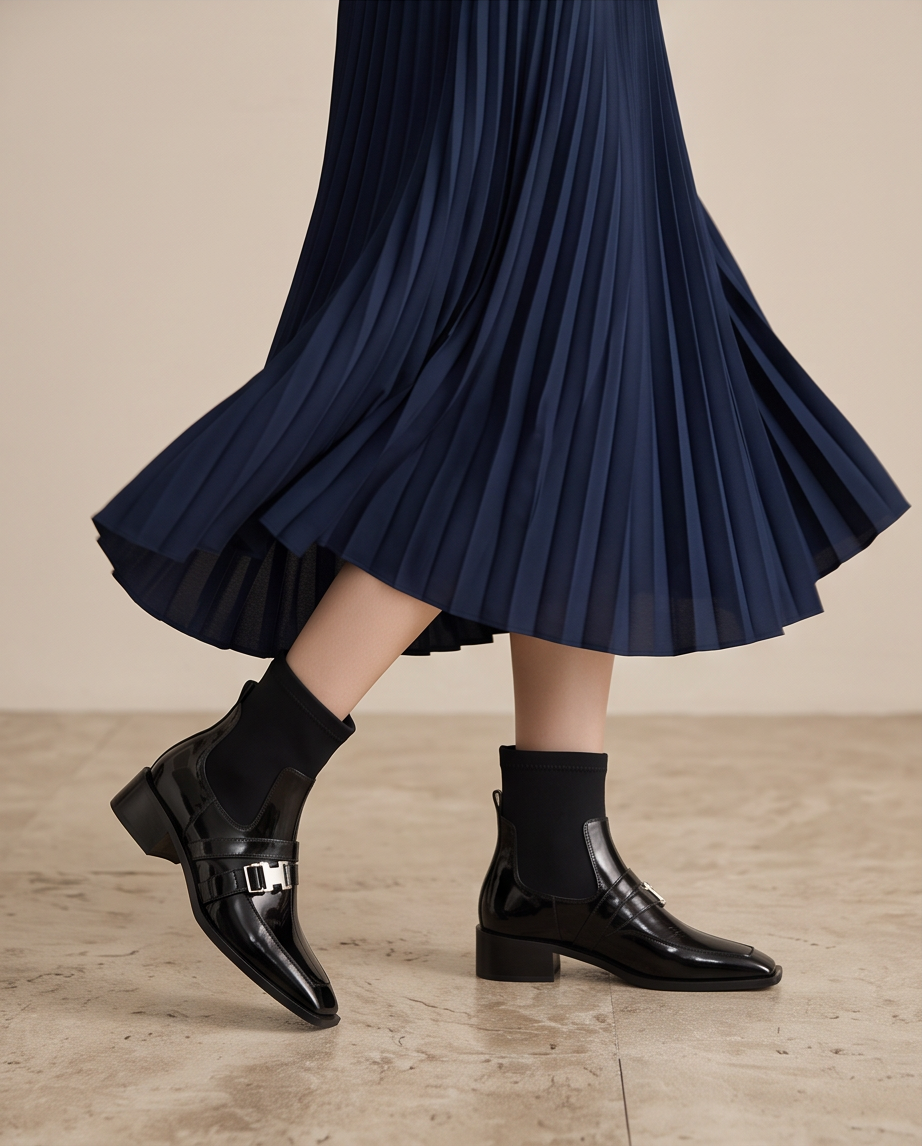 Square Toe Buckle Sock Ankle Boot