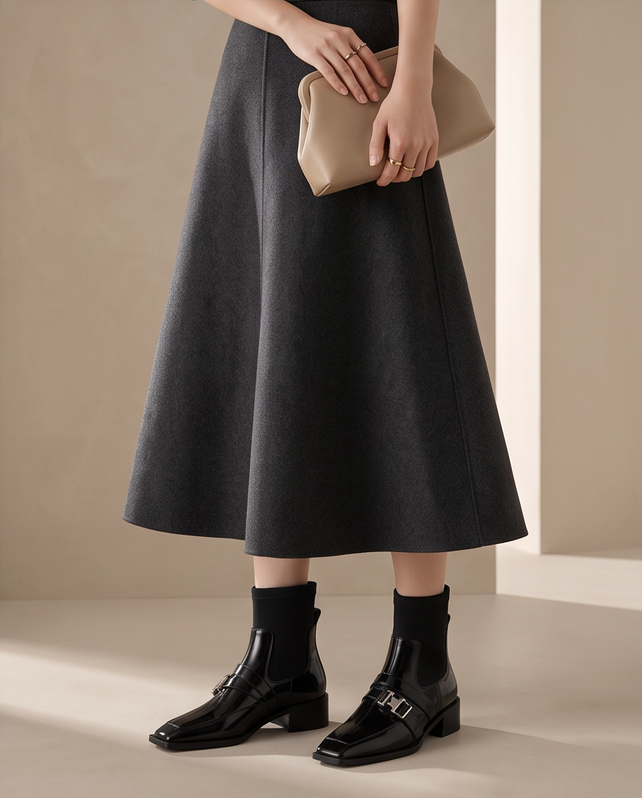 Square Toe Buckle Sock Ankle Boot