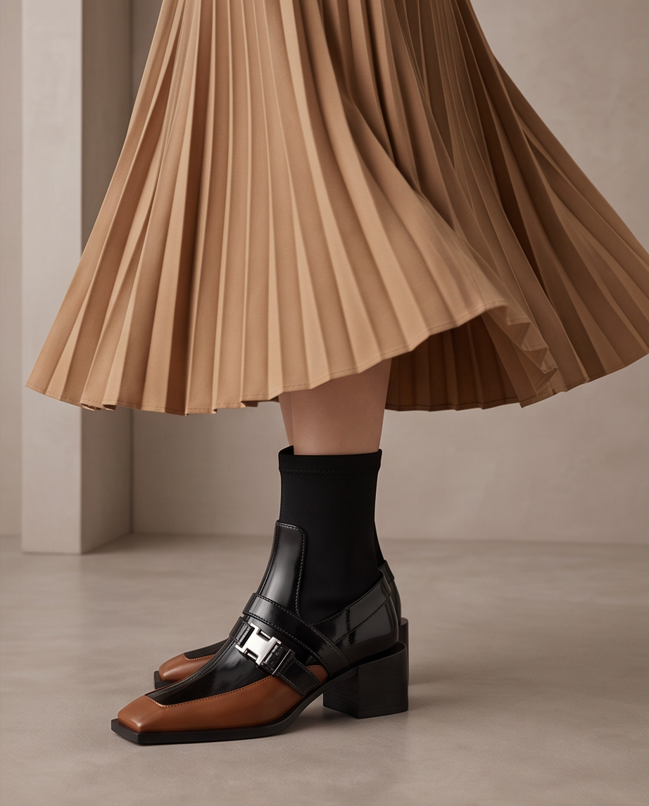Square Toe Buckle Sock Ankle Boot