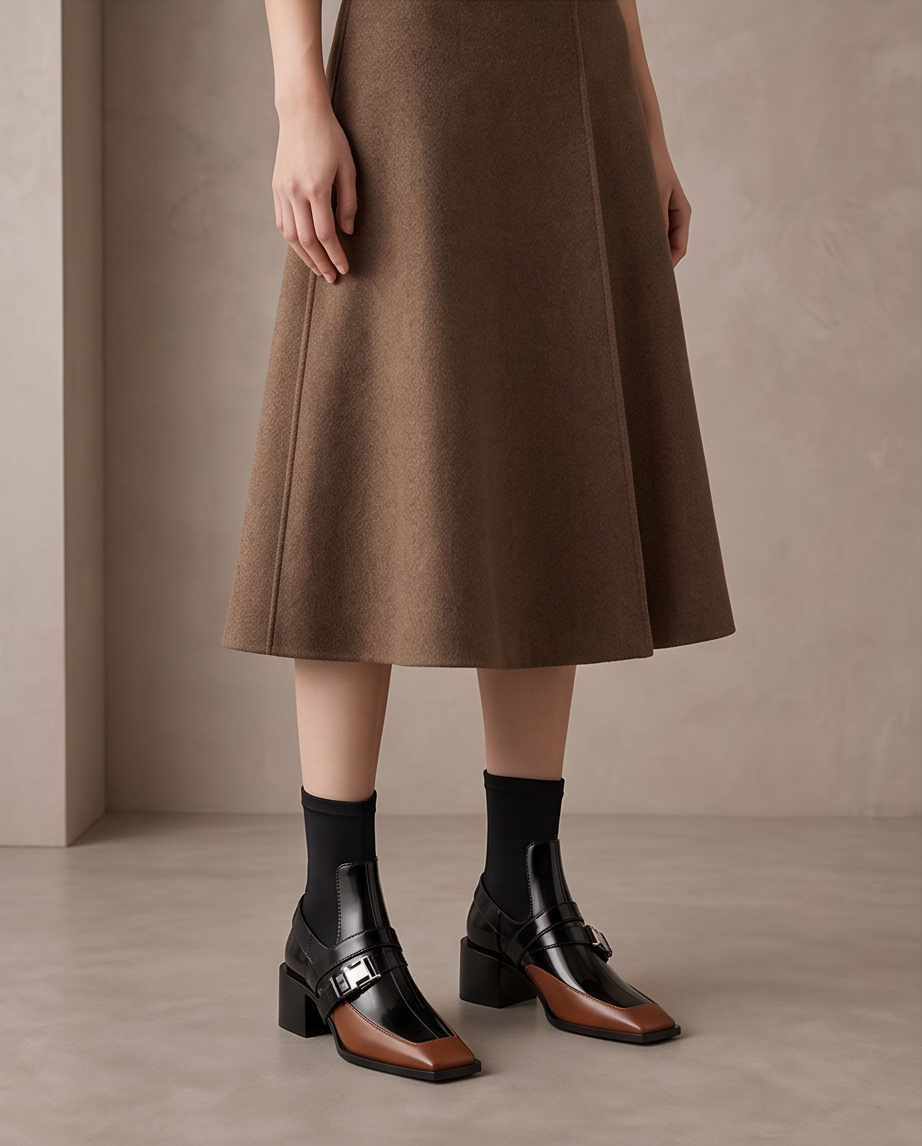 Square Toe Buckle Sock Ankle Boot