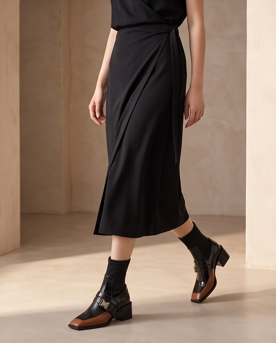 Square Toe Buckle Sock Ankle Boot
