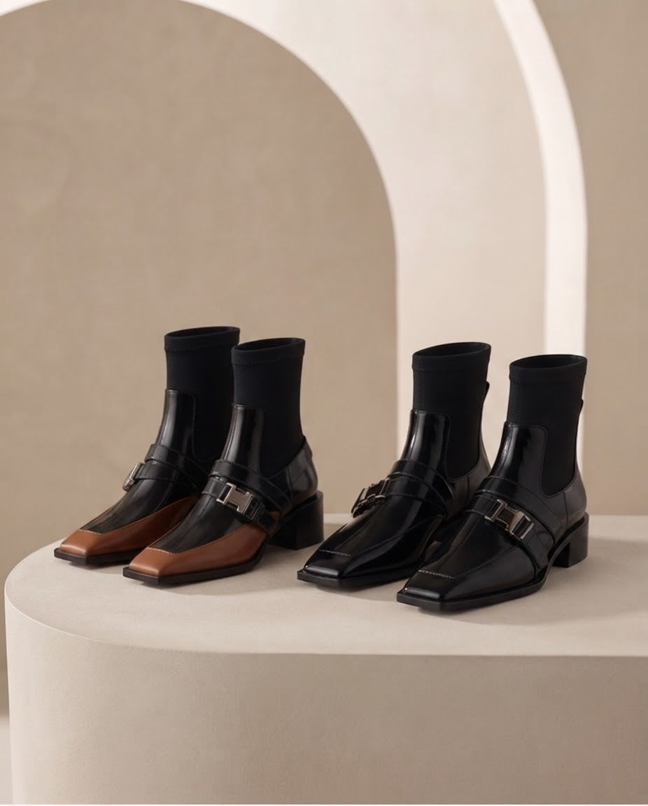 Square Toe Buckle Sock Ankle Boot