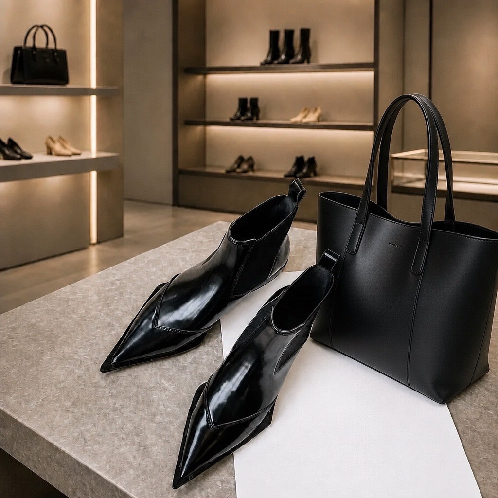 Black patent leather pointed-toe Chelsea ankle boots front view on concrete floor